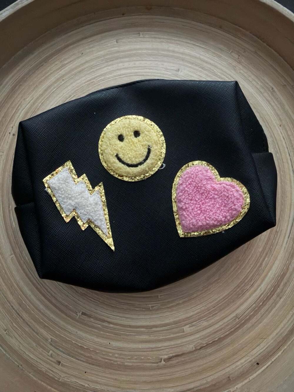 Black Makeup Bag with Smiley, Lightning Bolt, and Heart Chenille Patches